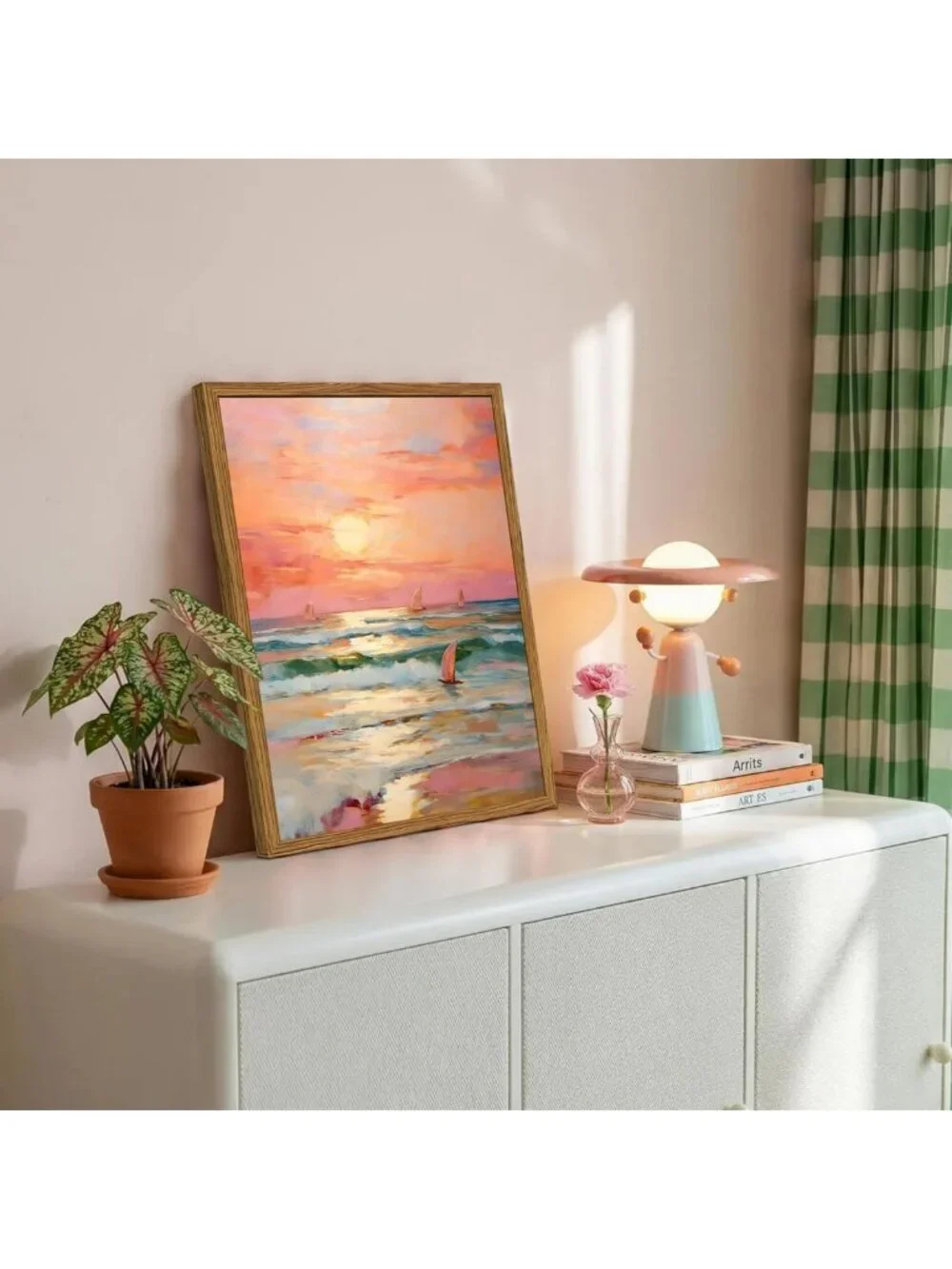 Framed Pink Coastal Canvas Art - Beach Sunset Sailboat Wall Decor, 12x16